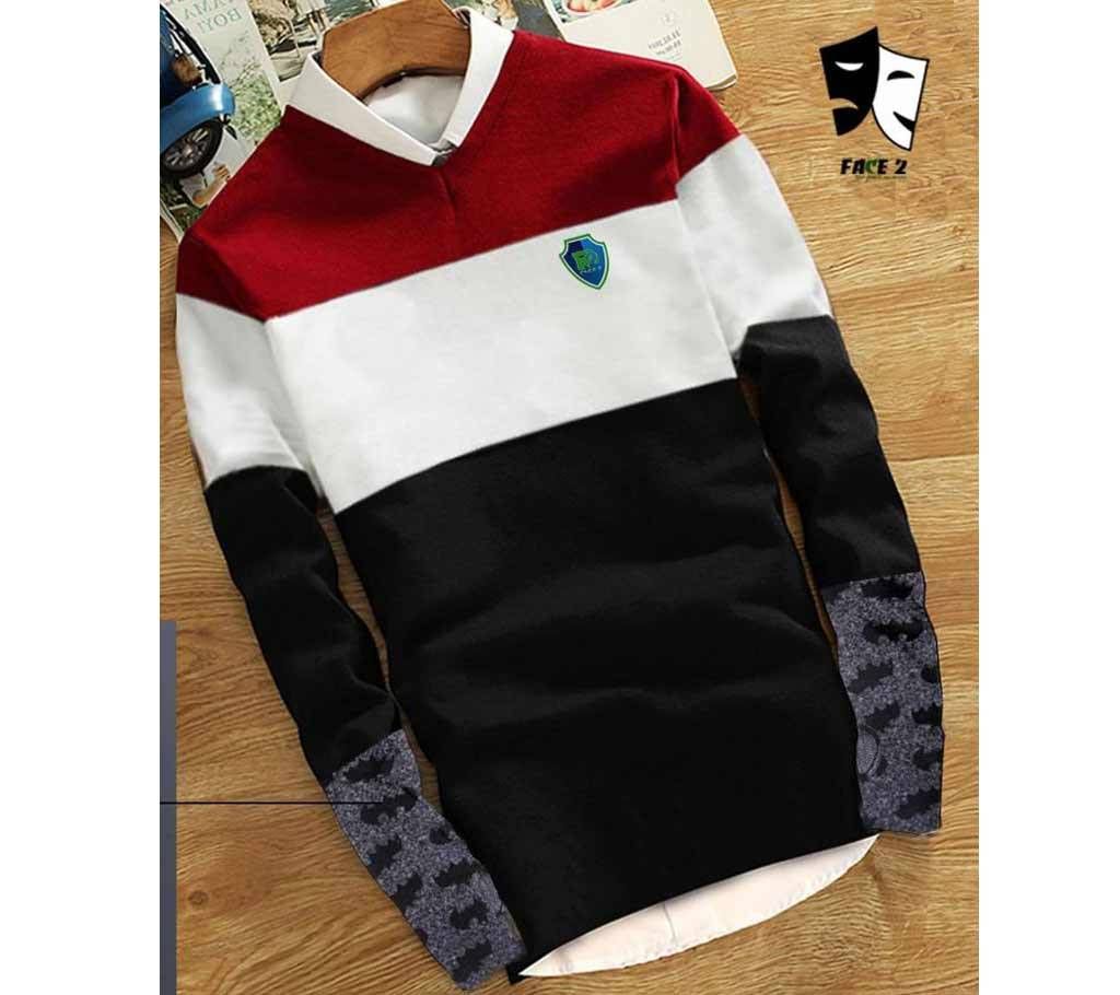 Mens Full Sleeve Sweater - Maroon, White and Black Combination