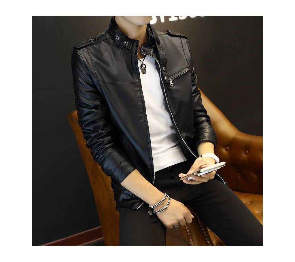 Artificial Leather Jacket For Men-Black