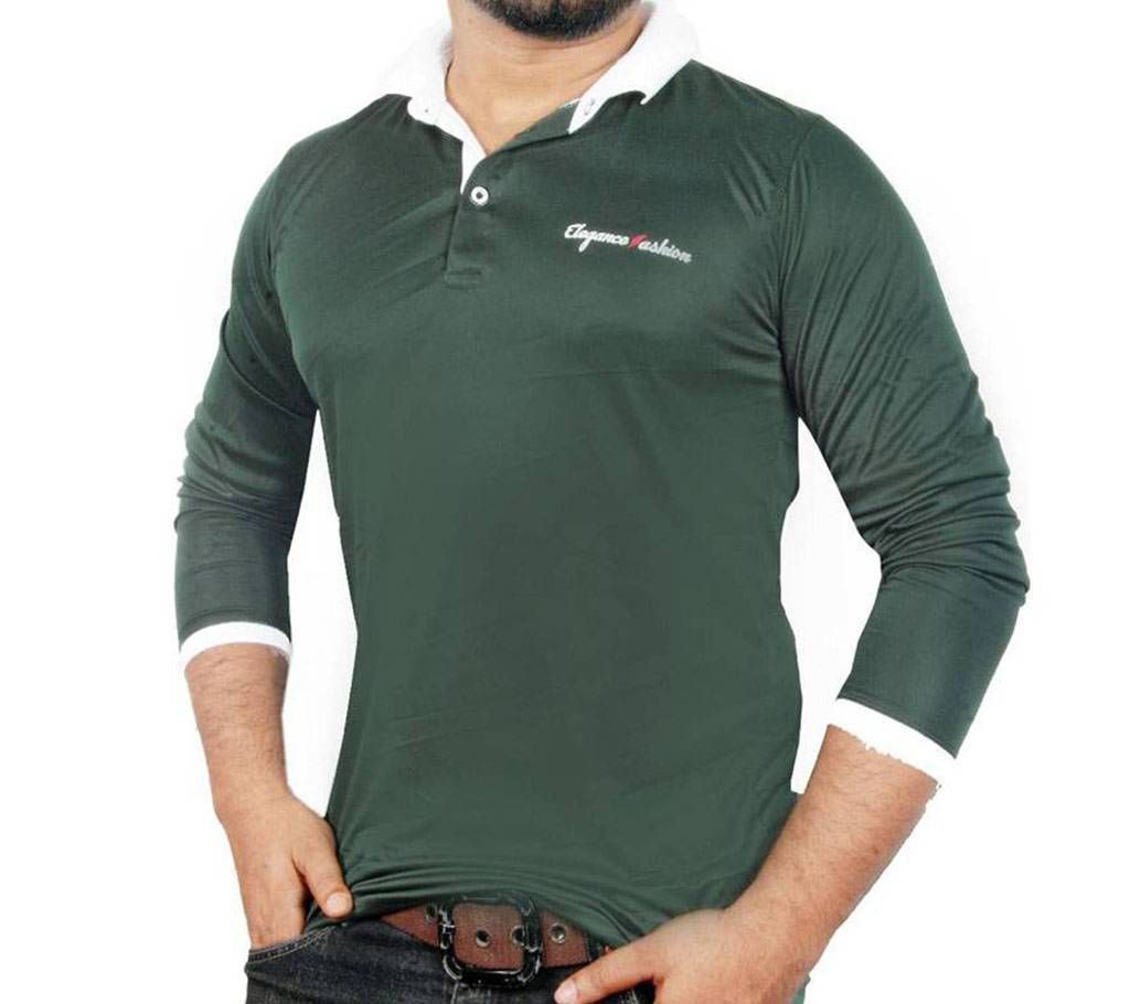 Full Sleeve Polo Shirt For Mens- Dark Green