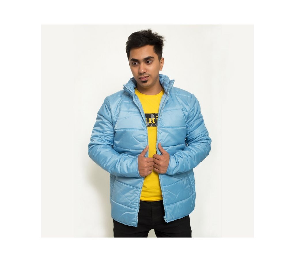 Sky Blue Polyester Poly Filler Bomber Jacket For Men