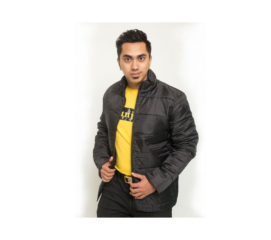 Black Polyester Poly Filler Bomber Jacket For Men