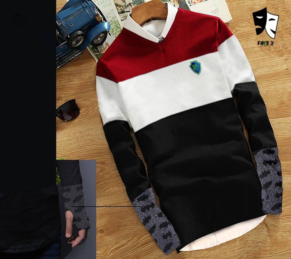 Men's Full Sleeve Sweater - Maroon, White and Black Combination - FAS