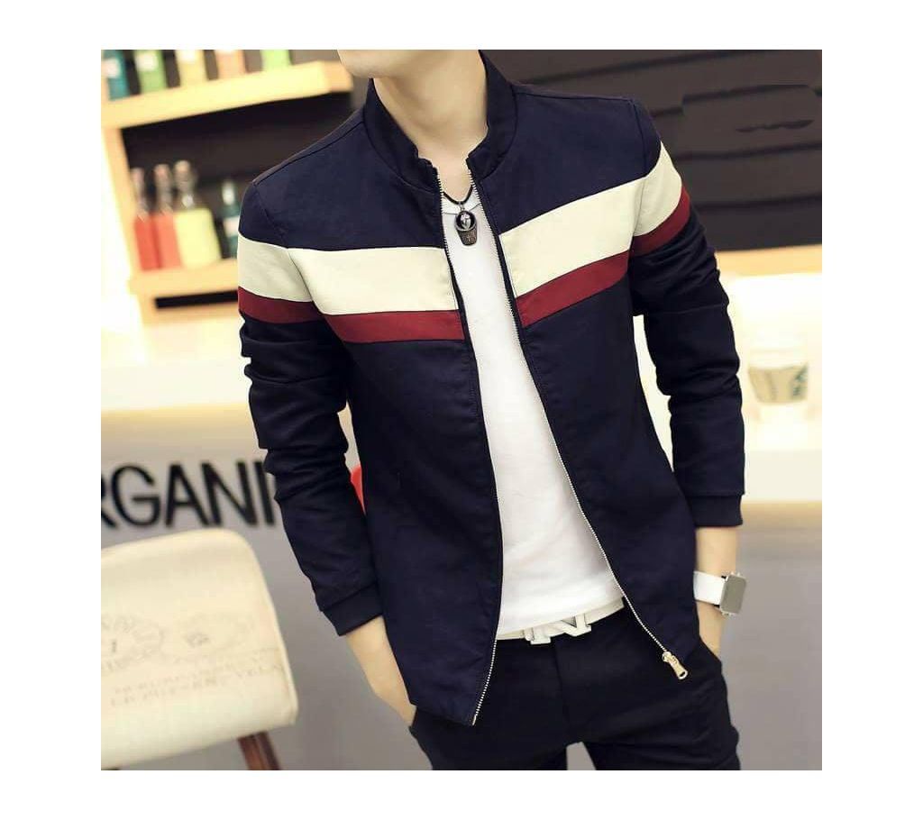 Navy Blue And White Bonded Jacket For Men