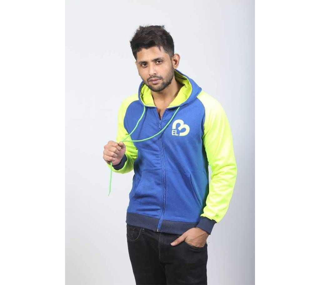 Blue and Yellow Cotton Hoodie for Men