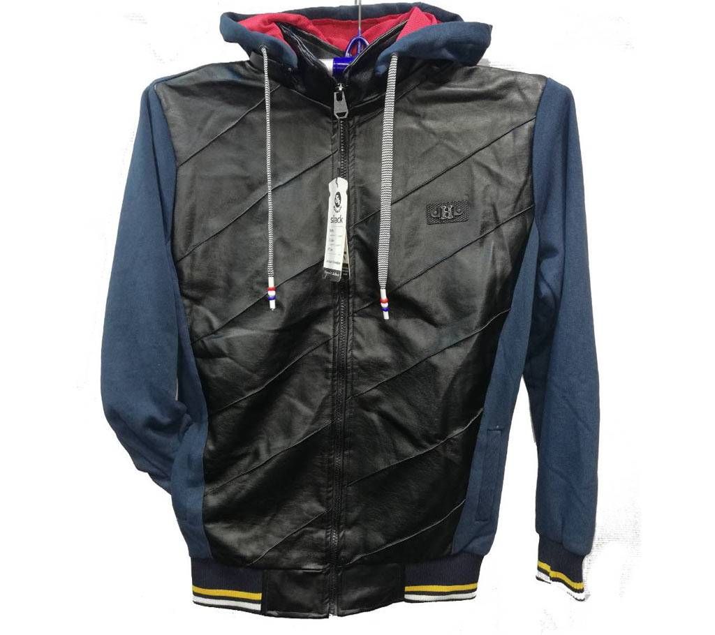 Mens Artificial Leather + Fleece Hoodie