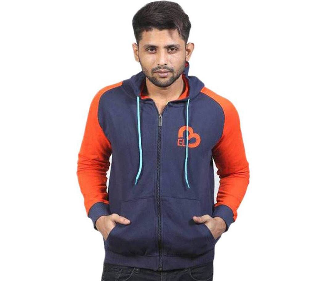 Navy Blue and Orange Cotton Hoodie for Men
