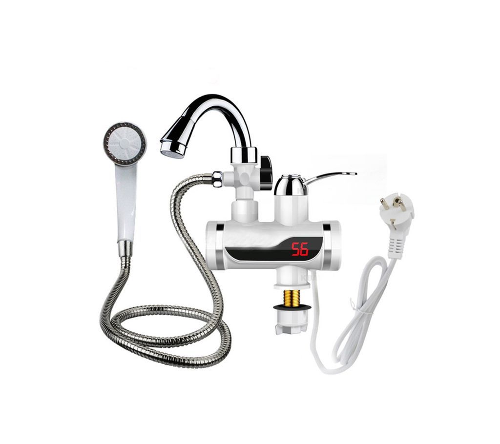 Electric Hot Water Tap with Shower Head,Tankless Electric Faucet, Digital Bathroom Heater - White