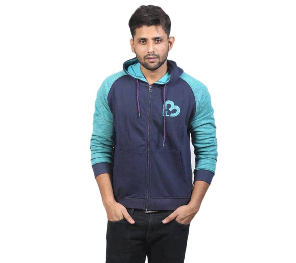 Navy Blue and Aqua Cotton Hoodie for Men