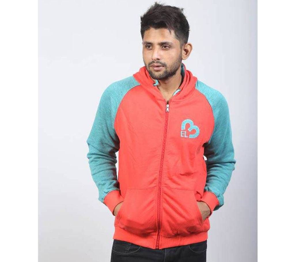 Salmon and Aqua Cotton Hoodie for Men