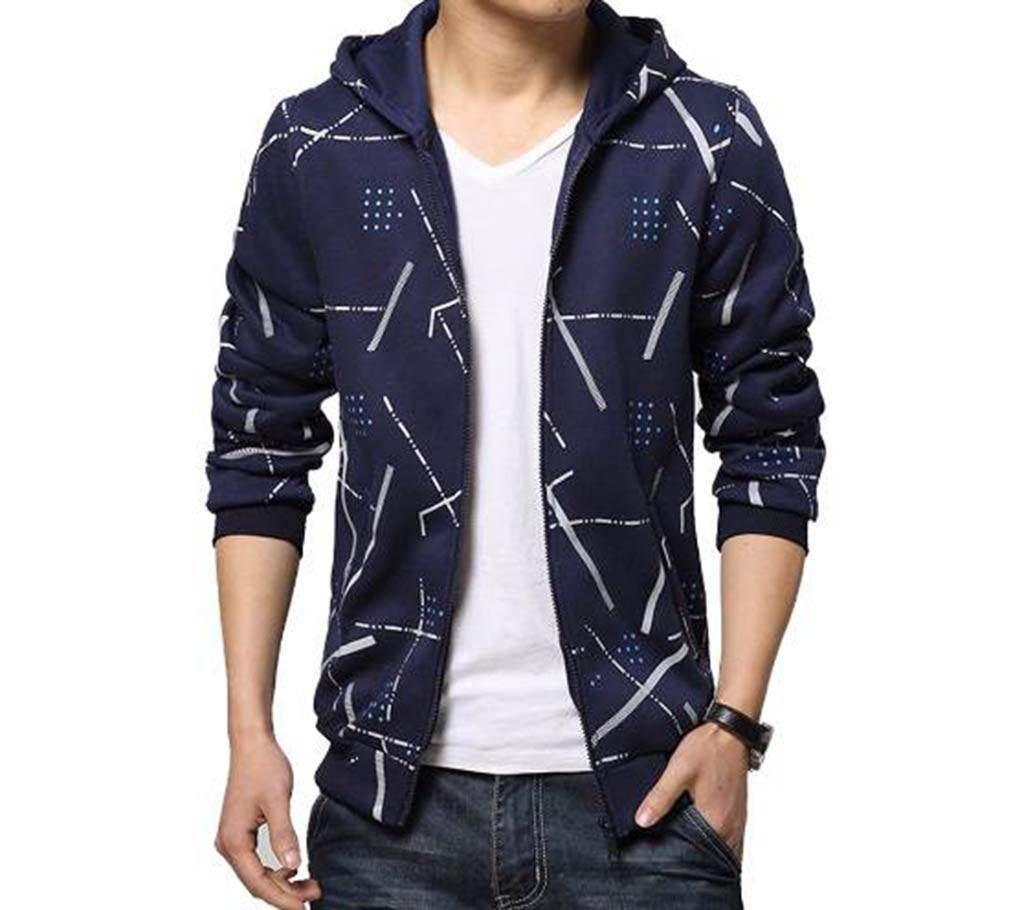 Mens Navy Blue Printed Bonded Hoodies