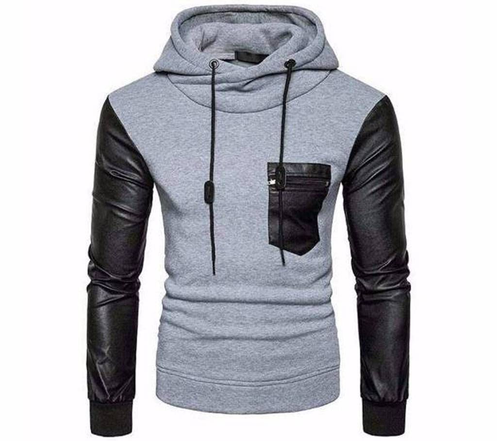 Fleece Hoodie with Artificial Leather Hand for Men