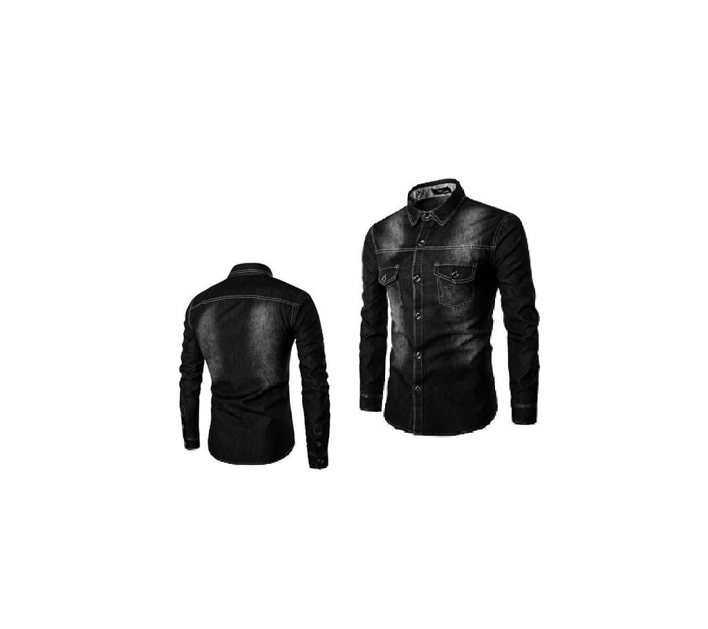 Fashionable Black Denim Long Sleeve Casual Shirt for Men  001  UPF