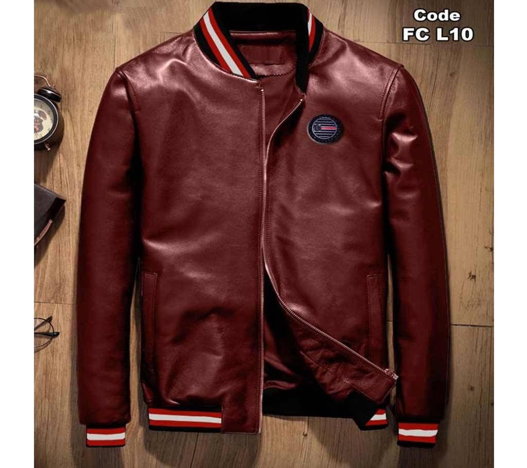 PU Leather Mens Winter Jacket - Maroon - L10 - FAS