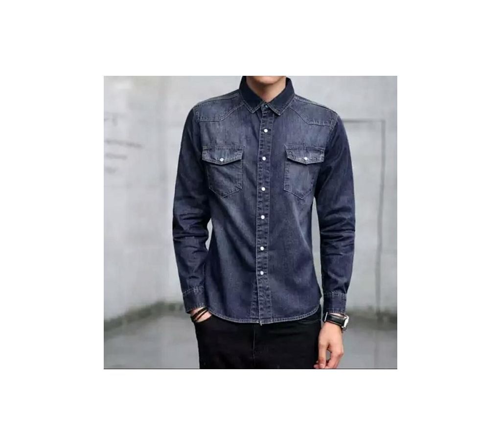 Fashionable Black Denim Long Sleeve Casual Shirt for Men  002  UPF