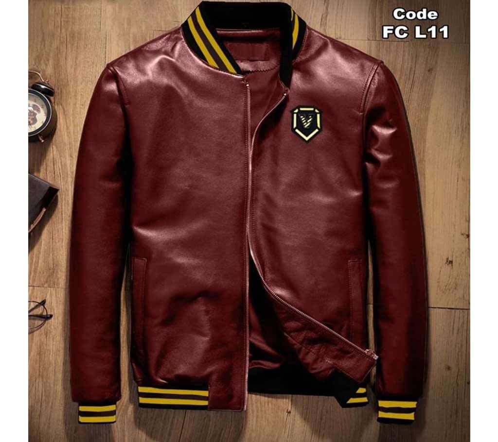 PU Leather Mens Winter Jacket - Maroon - L11 - FAS