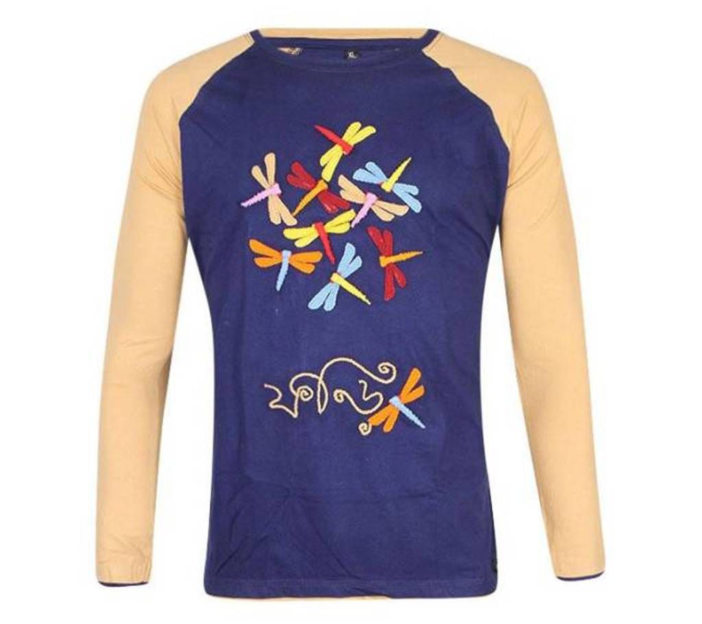 Navy Blue and Wheat Cotton Casual Long Sleeve T-shirt
