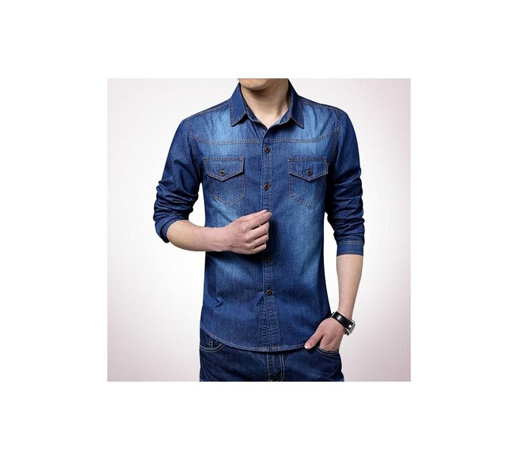 Fashionable Navy Blue Denim Long Sleeve Casual Shirt for Men  UPF