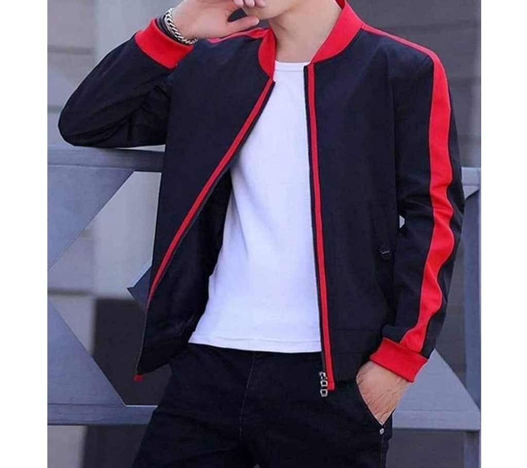 Men's Full Sleeve Winter Jacket - HD213 - Black with Red Stripe - MAF