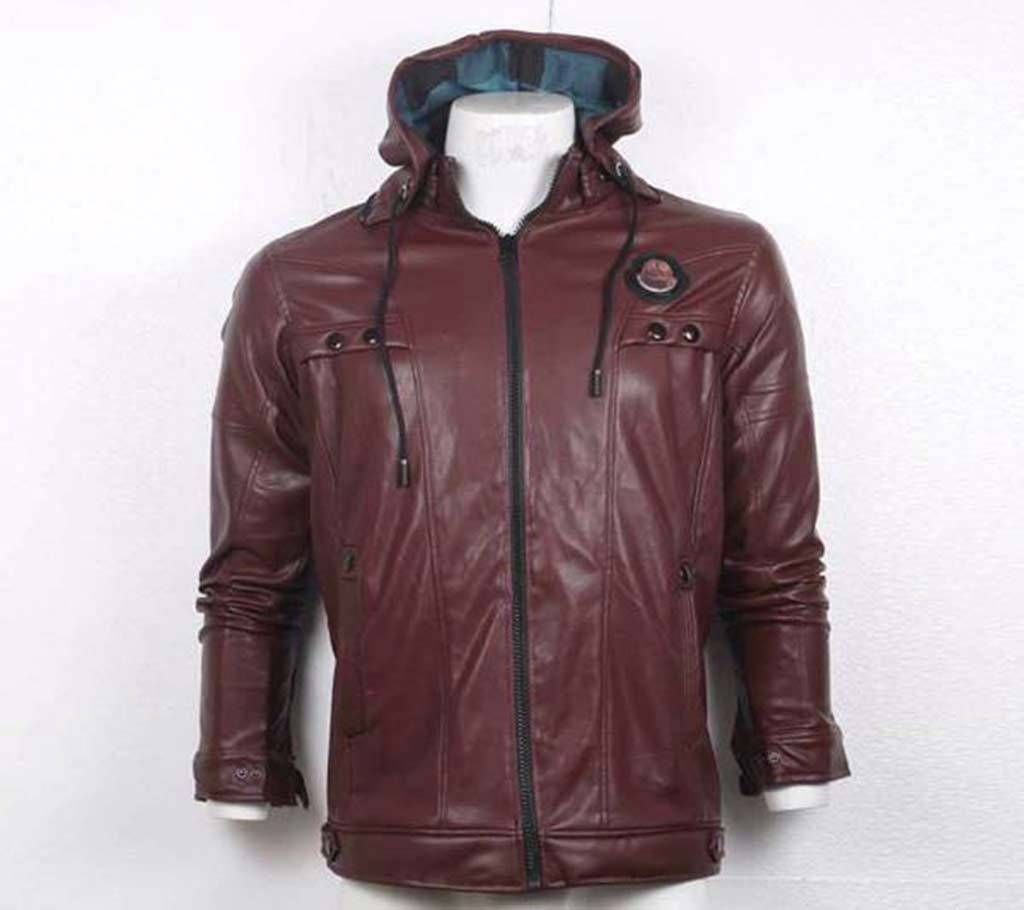 Mens leather jacket with hoodie
