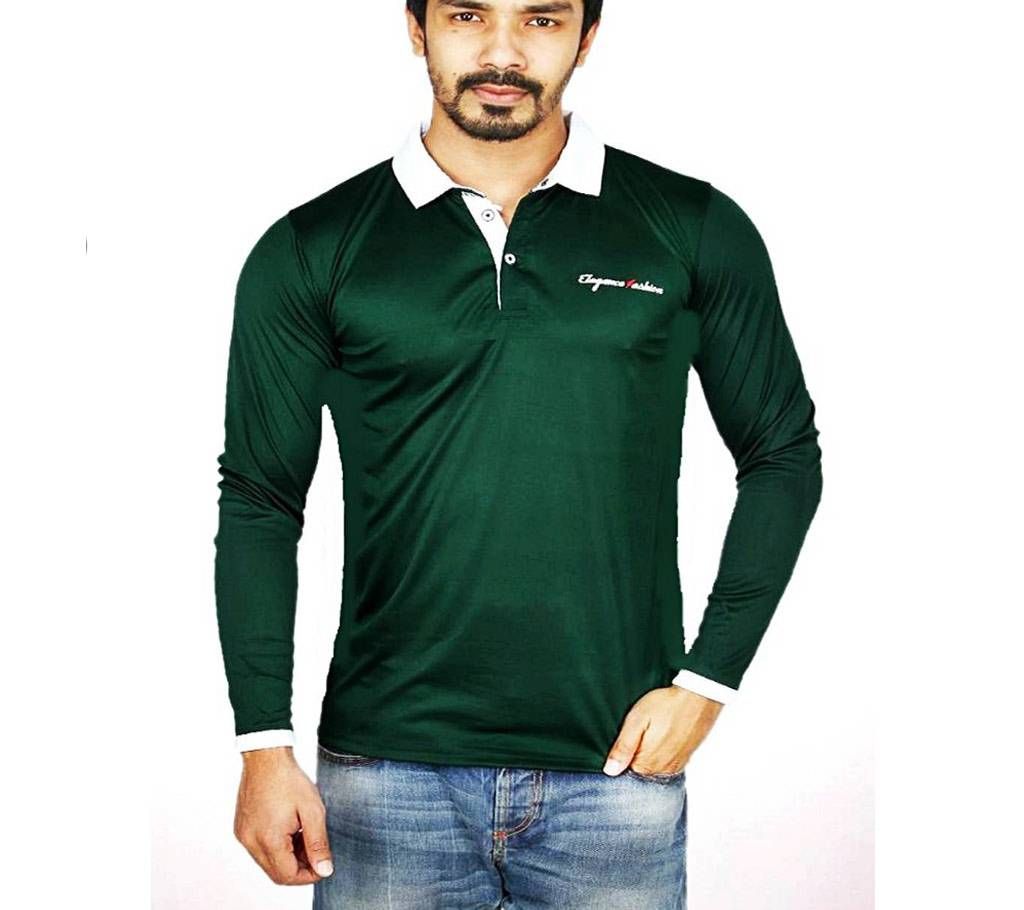 Green Micro Cotton Full Sleeve Polo shirt For Men