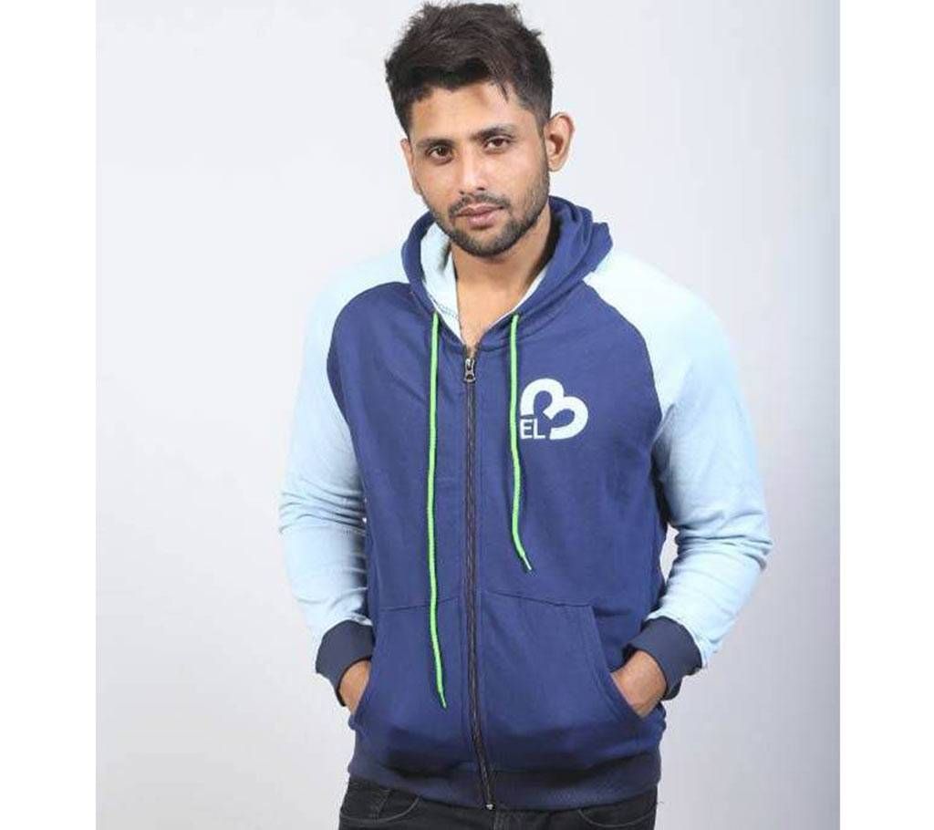 Navy Blue and Light Cyan Cotton Hoodie for Men