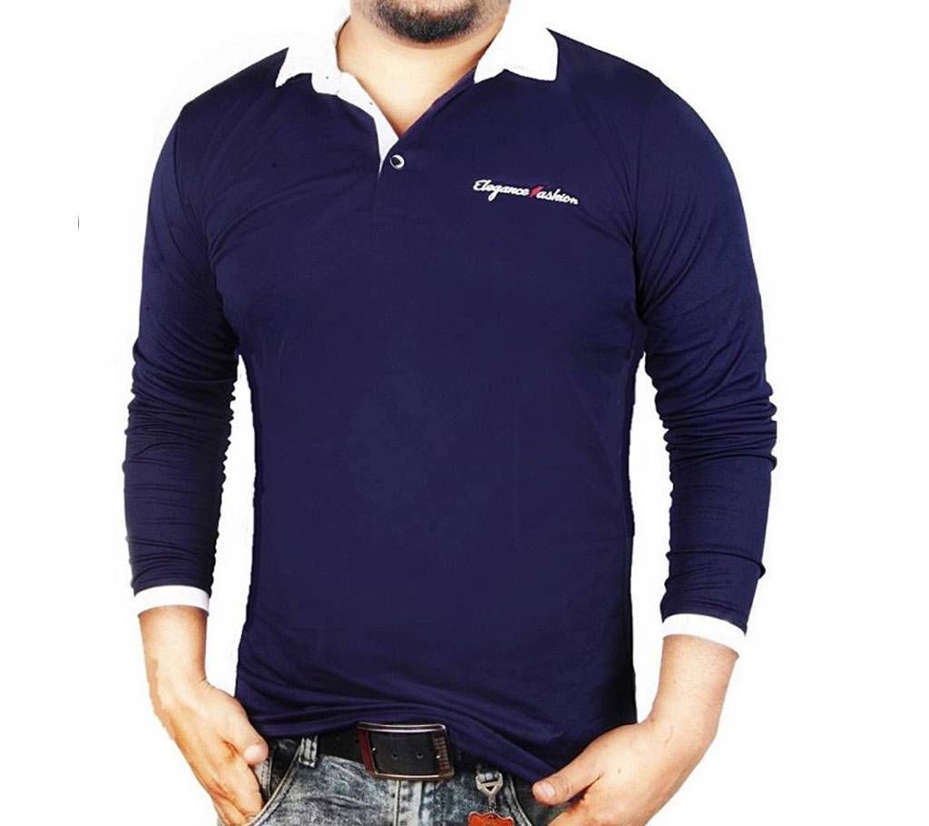 Navy Blue Micro Cotton Full Sleeve Polo shirt For Men