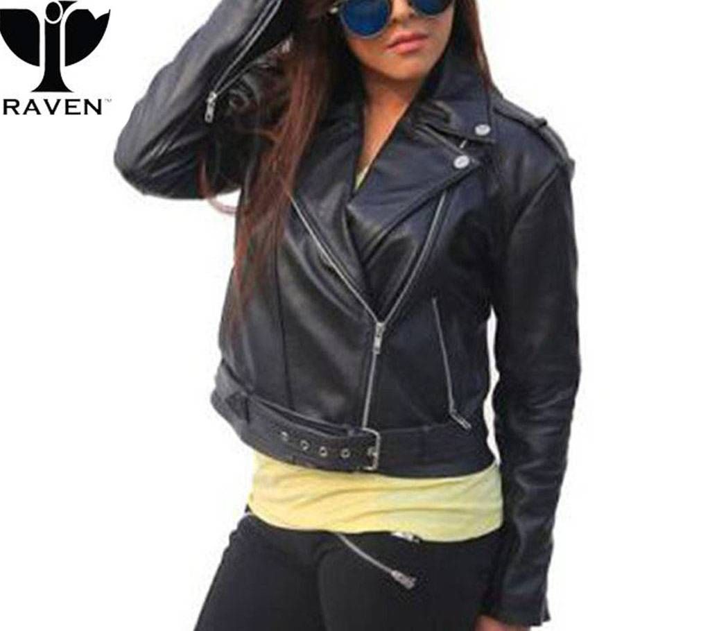 RAVEN BLACK CROPPED LADIES BIKER JACKET WITH BELT