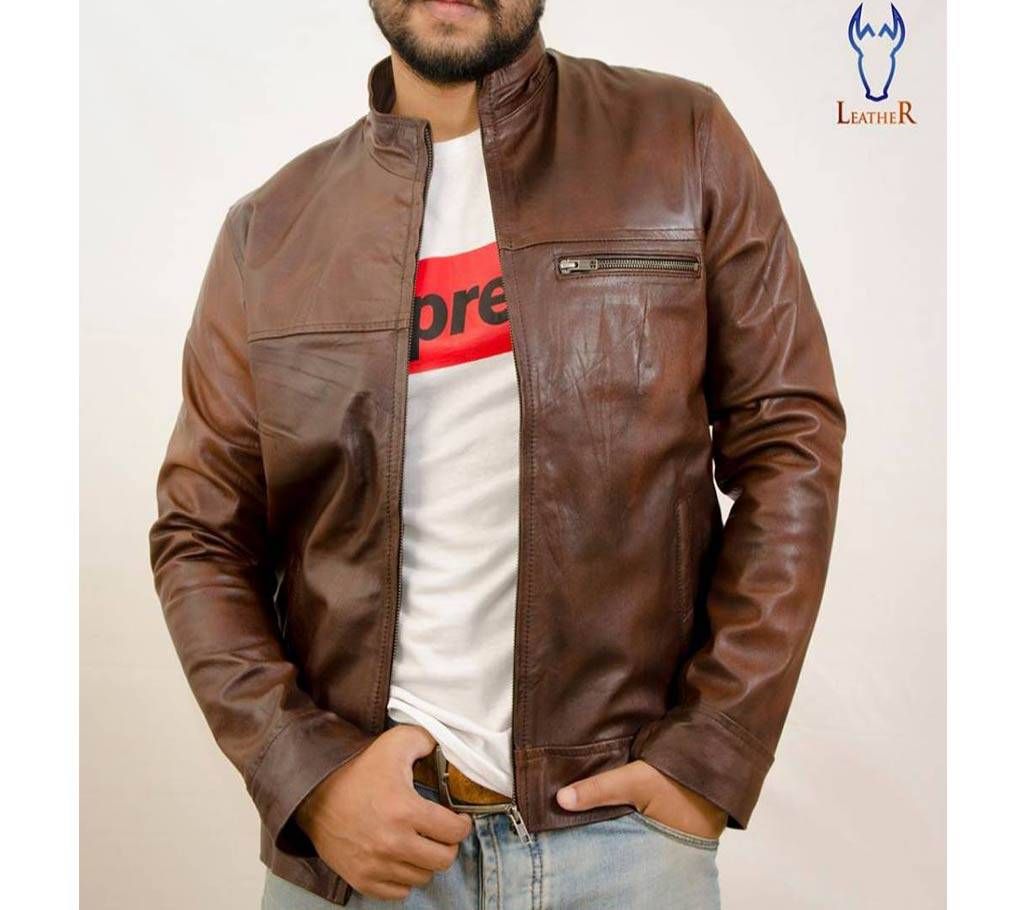High Neck Vintage Chocolate Color Leather Jacket 