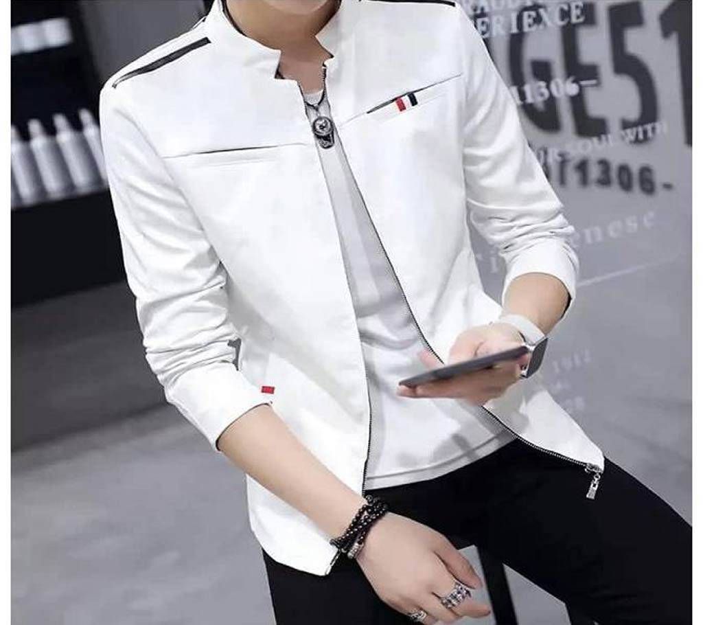 Cream Color Artificial Leather Jacket For Men