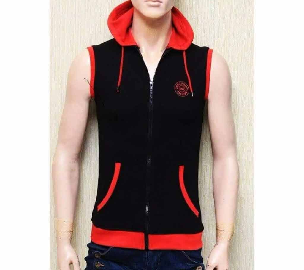Black & Red Cotton Sleeveless Gents Hoodie