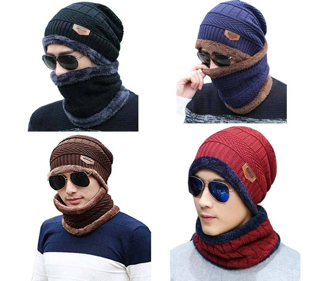 Woolen  gents winter cap and scref set(color random)