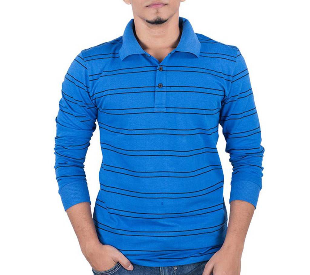 Mens Full-Sleeve Polo Shirt 37917 - Blue Stripe