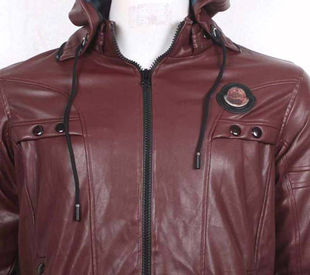 Gents artificial leather jacket with hoodie
