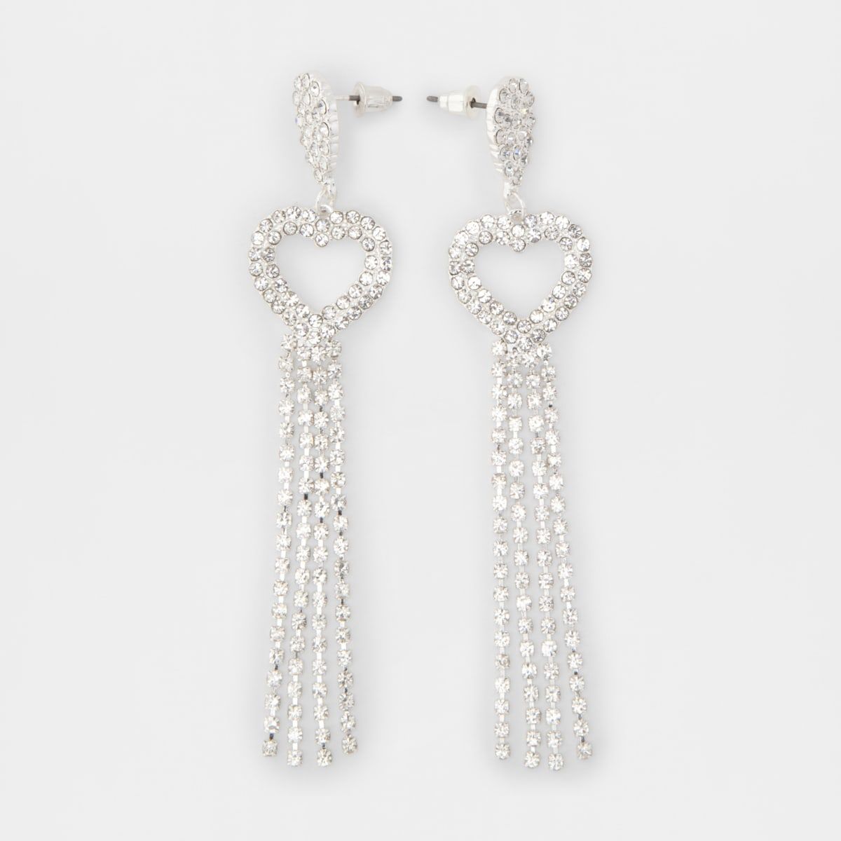 Diamante Heart Earrings - Silver Look