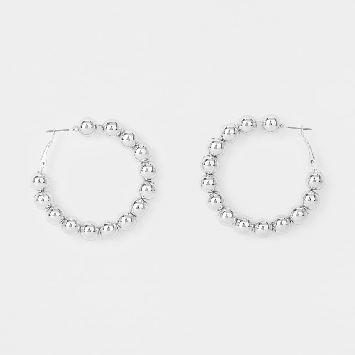 Metal Bead Hoop Earrings - Silver Look