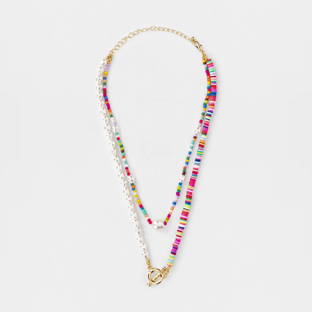 Pearl and Beaded Multi Layered Necklace - Gold Look and Rainbow