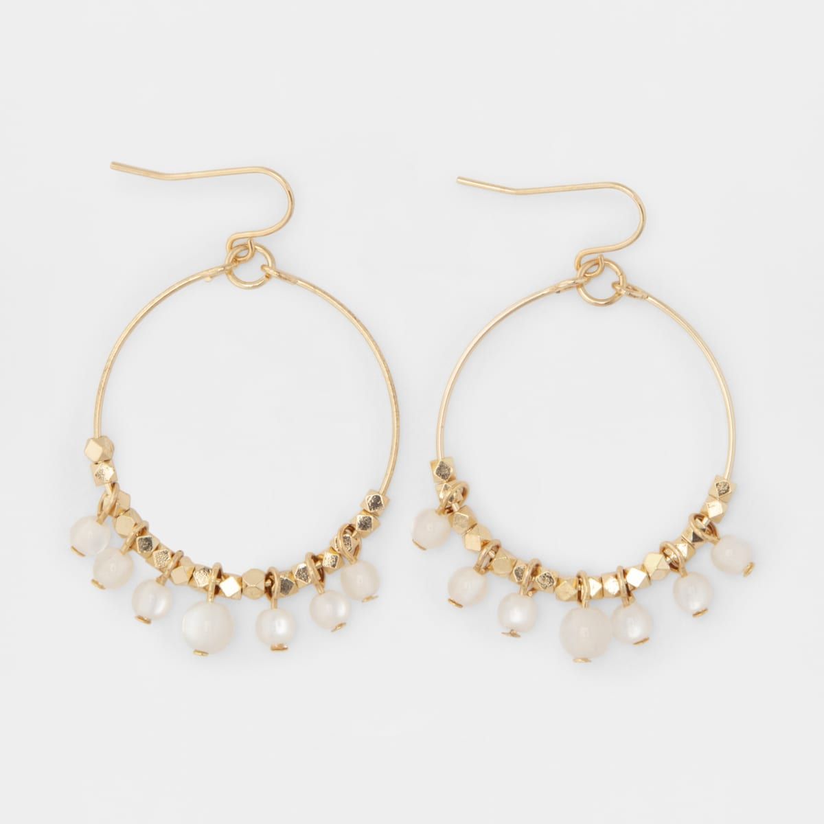 Circles with Beads Hoop Earrings - White and Gold Look