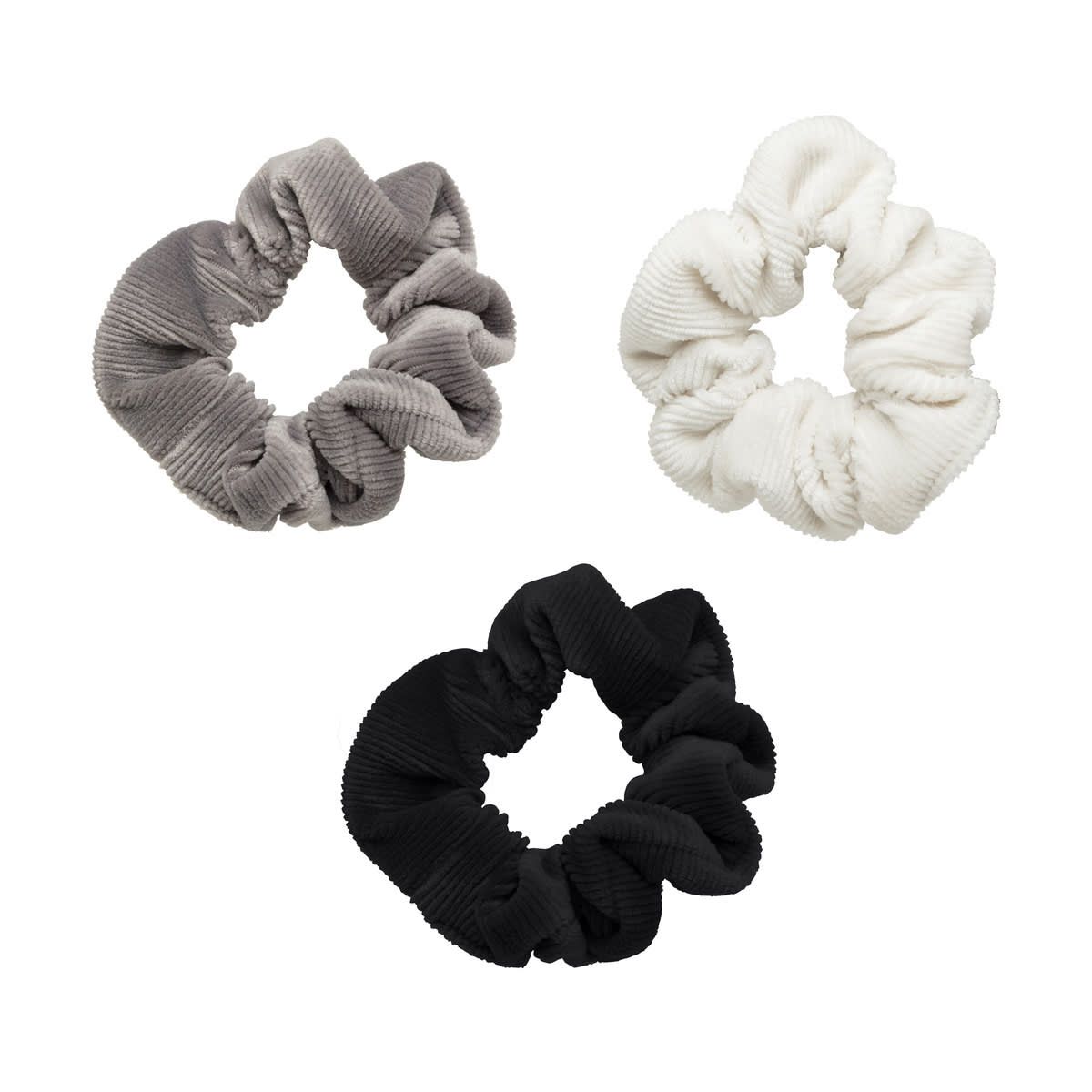 3 Pack Corduroy Scrunchies - Black, Grey & White