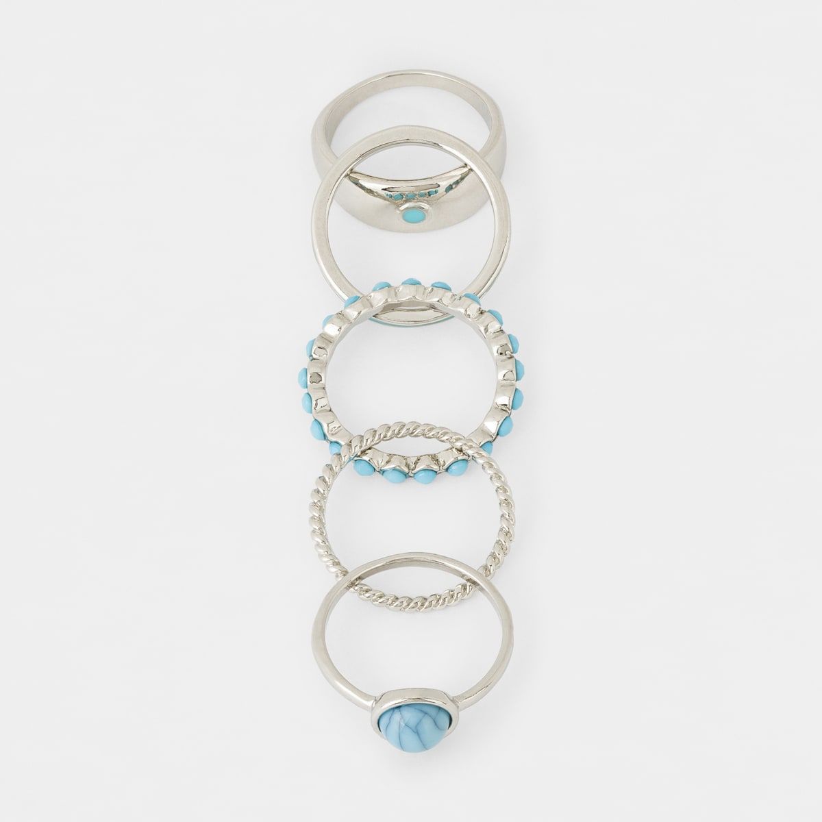 5 Pack Stacking Rings - Medium/Large, Turquoise and Silver Look