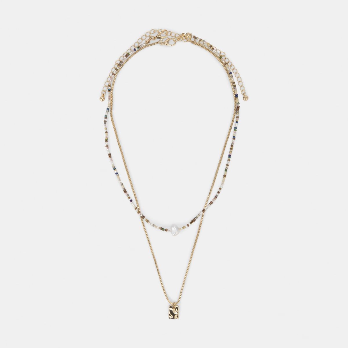 Multi Layer Rectangle and Bead Necklace - Gold Look