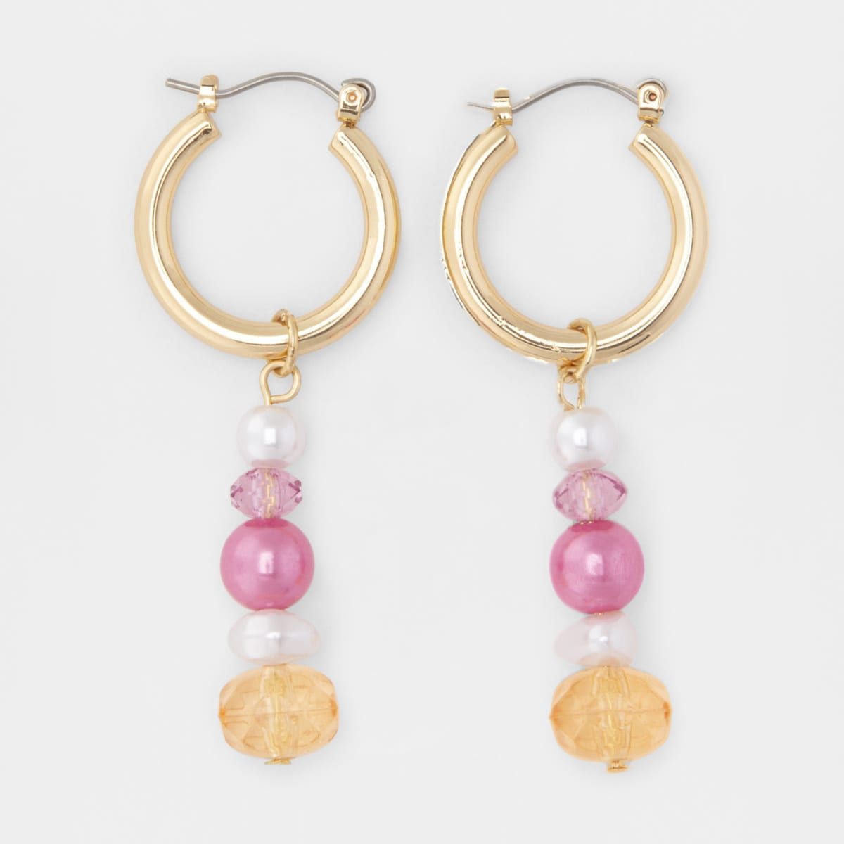 Faux Pearl and Bead Drop Earrings - Gold Look and Pink