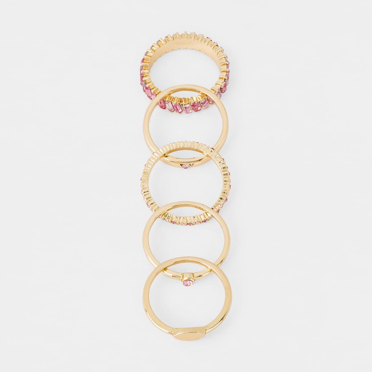 5 Pack Gem Stacking Rings - Medium/Large, Gold Look and Pink