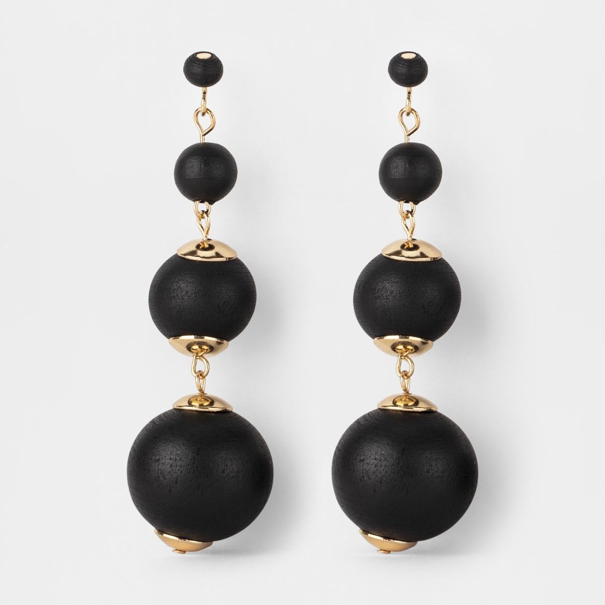 Wooden 3 Tier Ball Drop Earrings - Black