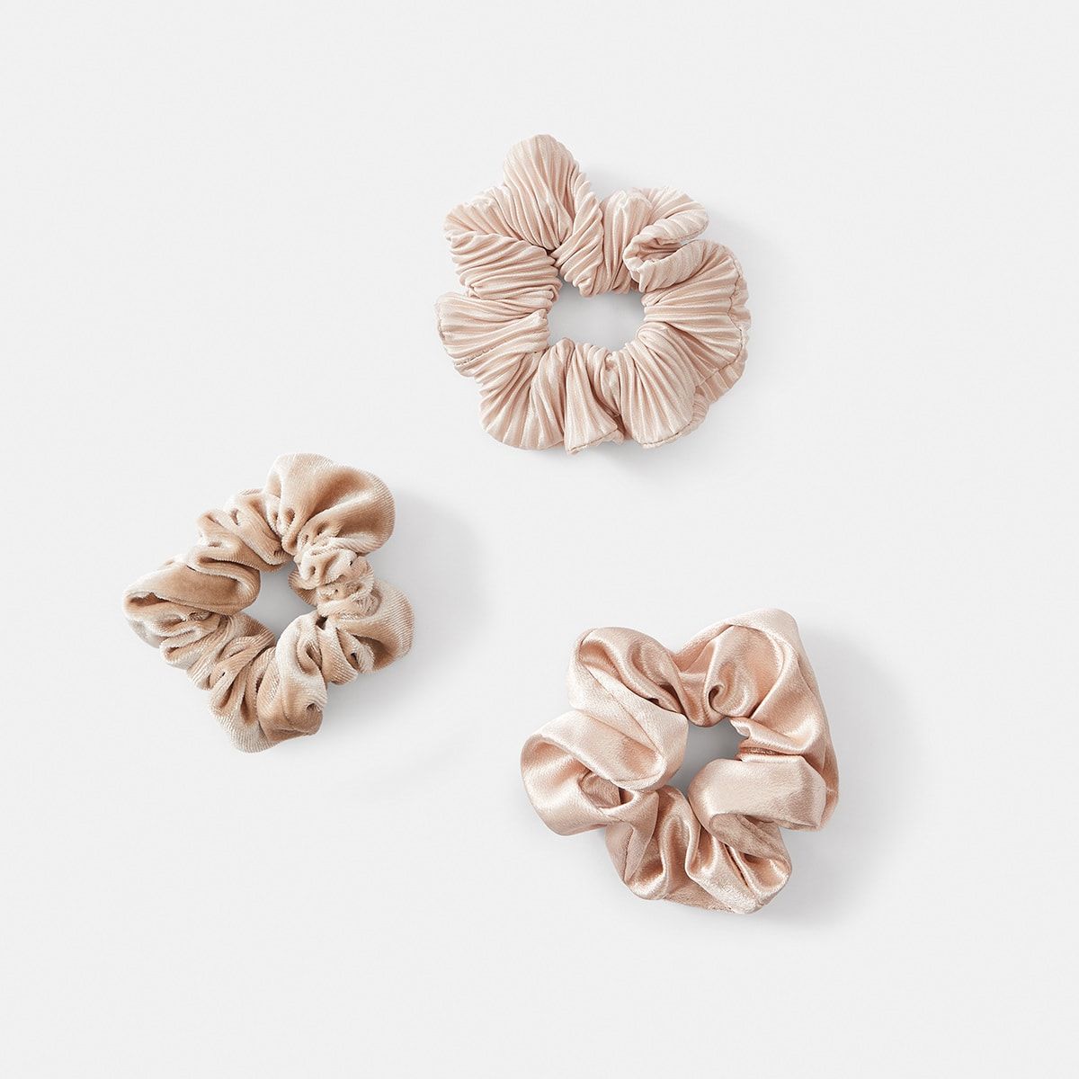 3 Pack Textured Hair Scrunchies - Beige