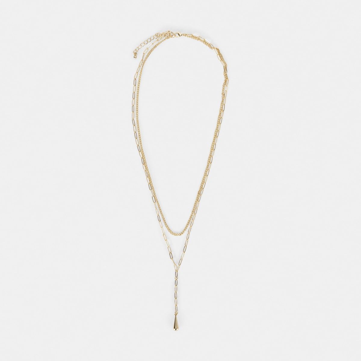 Multi Layered Necklace with Tear Drop Charm - Gold Look