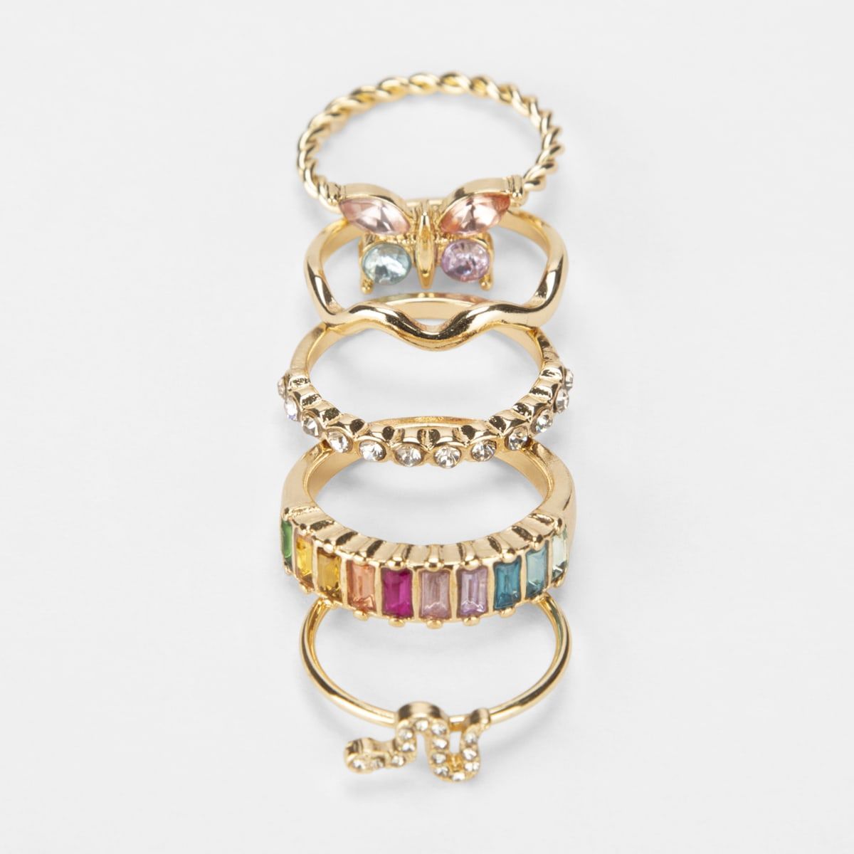 5 Pack Diamante Butterfly Rings - Small/Medium, Gold Look