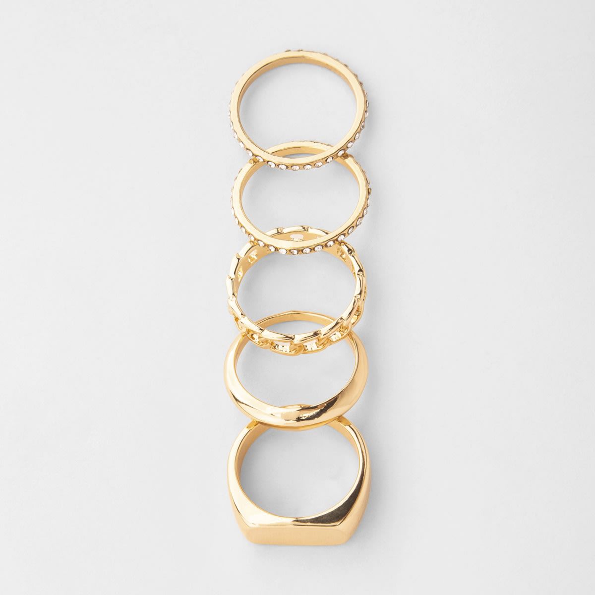 5 Pack Diamante Rings - Medium/Large, Gold Look