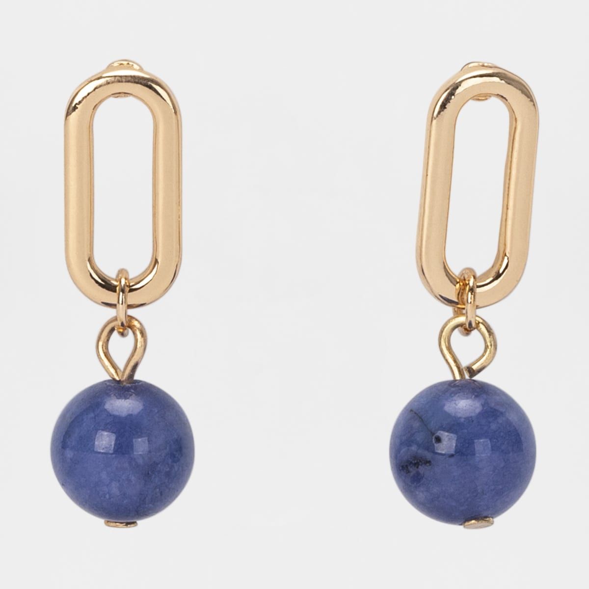 Oval Stud with Round Stone Ball Earrings - Blue