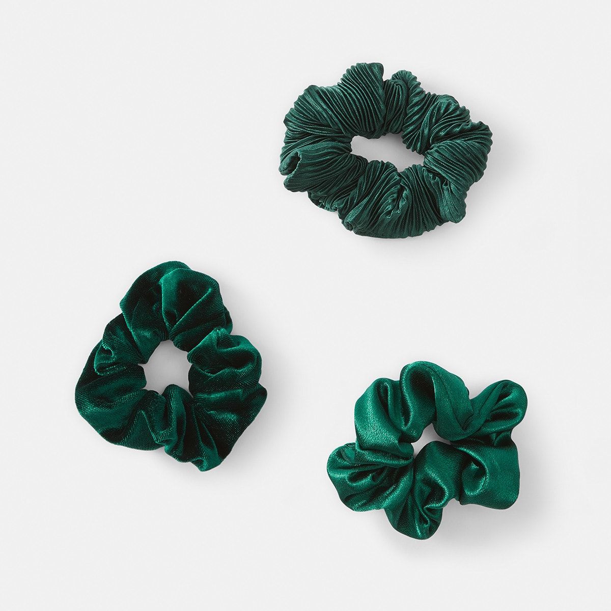 3 Pack Textured Hair Scrunchies - Green