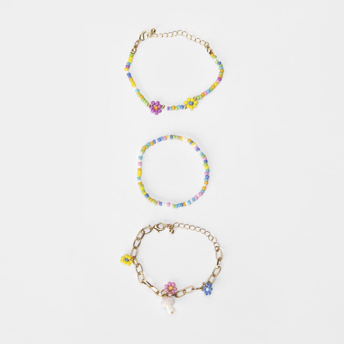 3 Pack Flower and Mushroom Bracelet - Gold Look